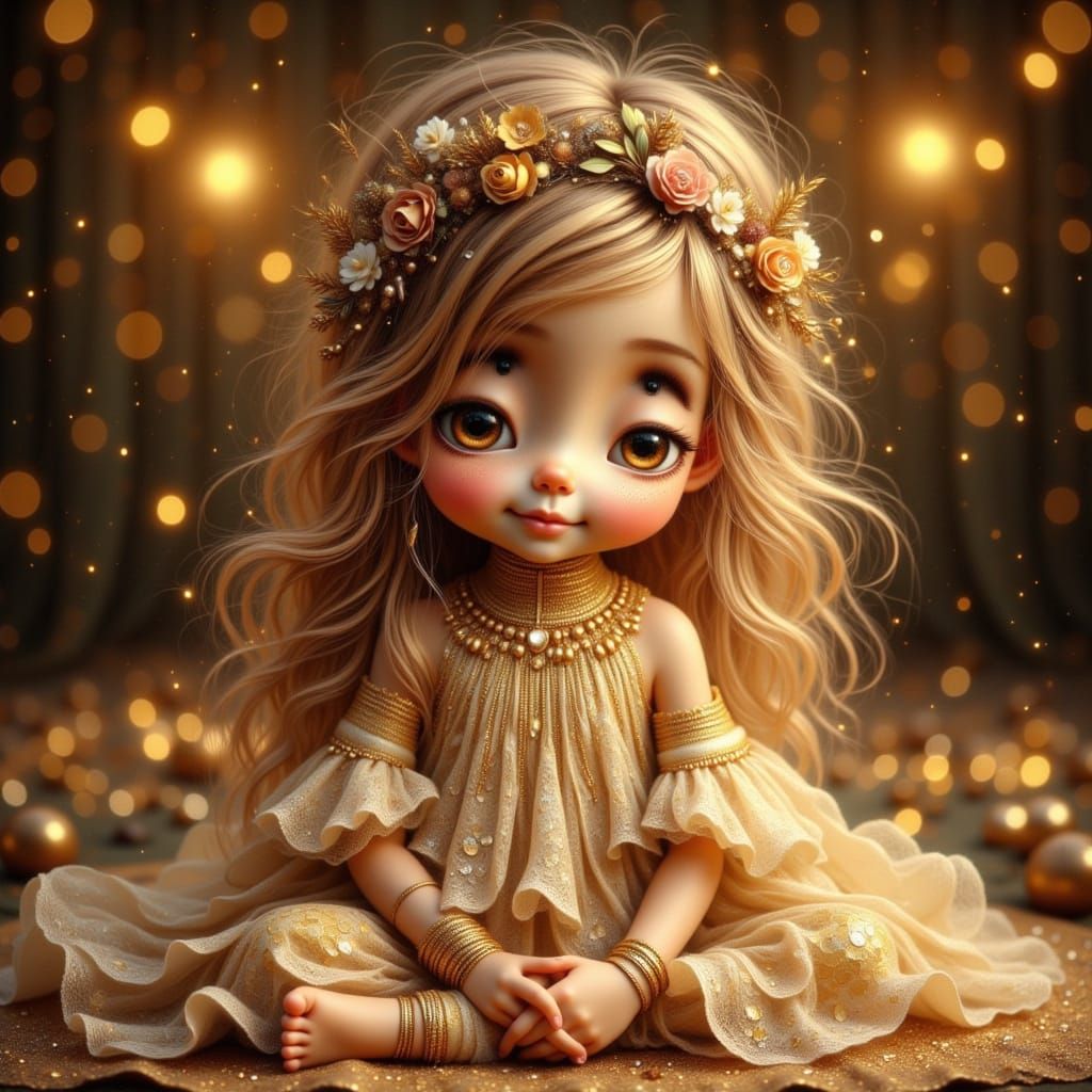 <lora:FiosFantasyGlow:1.0> <lora:Bohemian Whimsy:1.0> <lora:Golden Art by GO-888:1.0> Toddler  with long hair, hazel eyes, smile ,
in a gold...