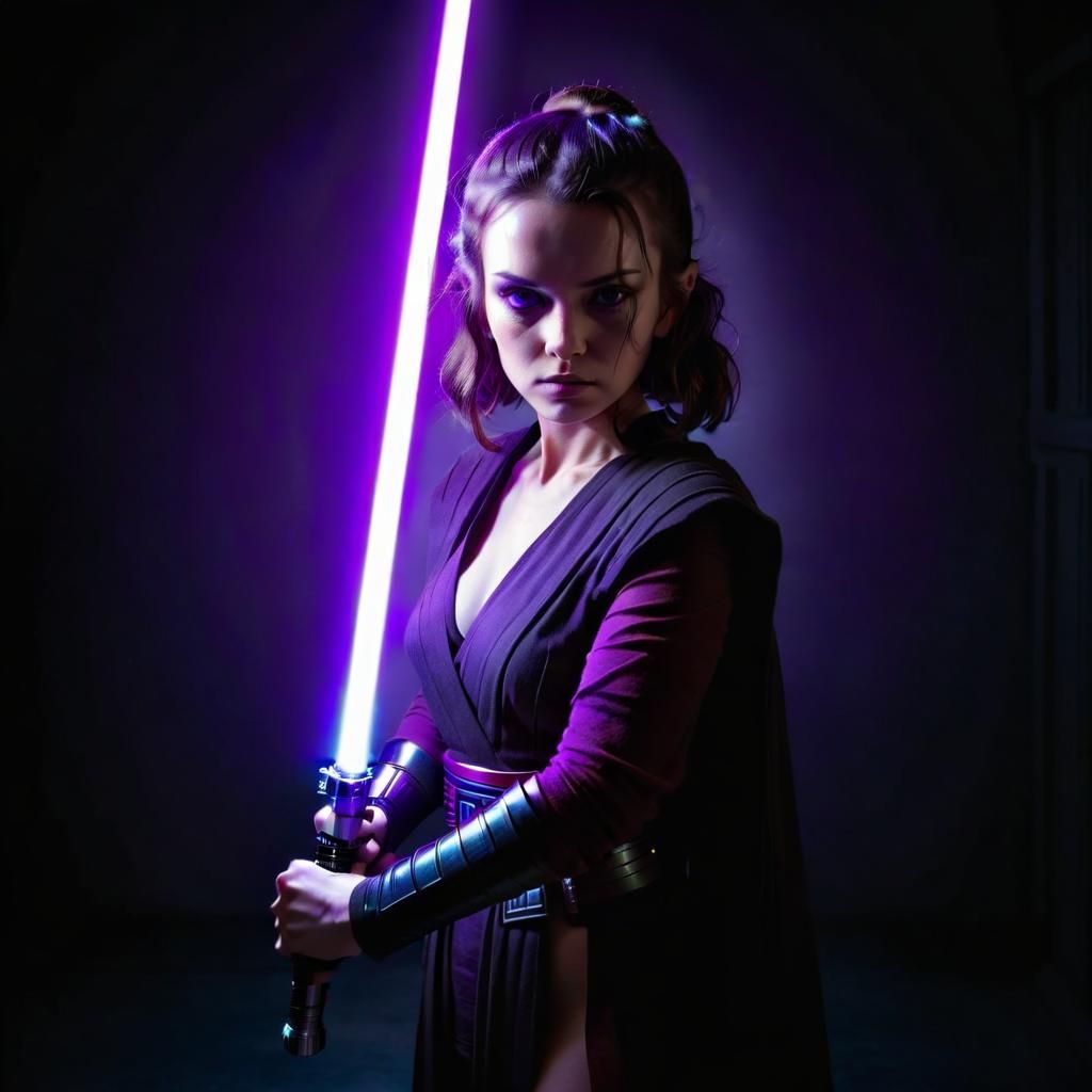 a woman holding a light saber in a dark room, holding an activated ...