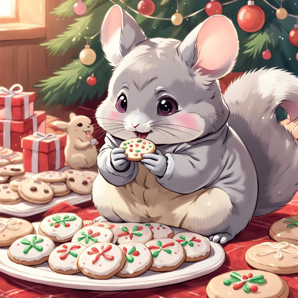 A chinchilla eating Christmas cookies. Anime from Ghiblin St...