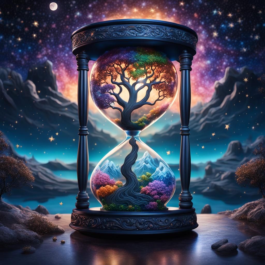 Surreal intricate hyperdetailed 3D image of a huge intricate carved glass hourglass with a starryscape ...  by @jnatas