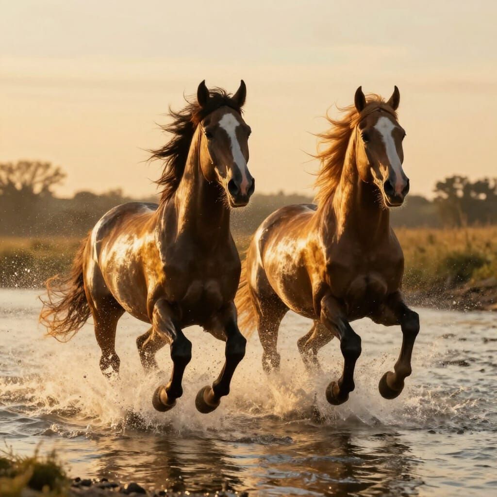 Horses Galloping Through River at Golden Hour