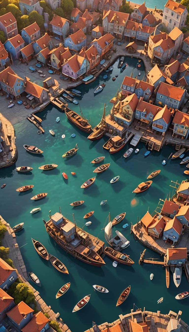 Drone view of a fantasy harbour full of boats. Beautiful lan...