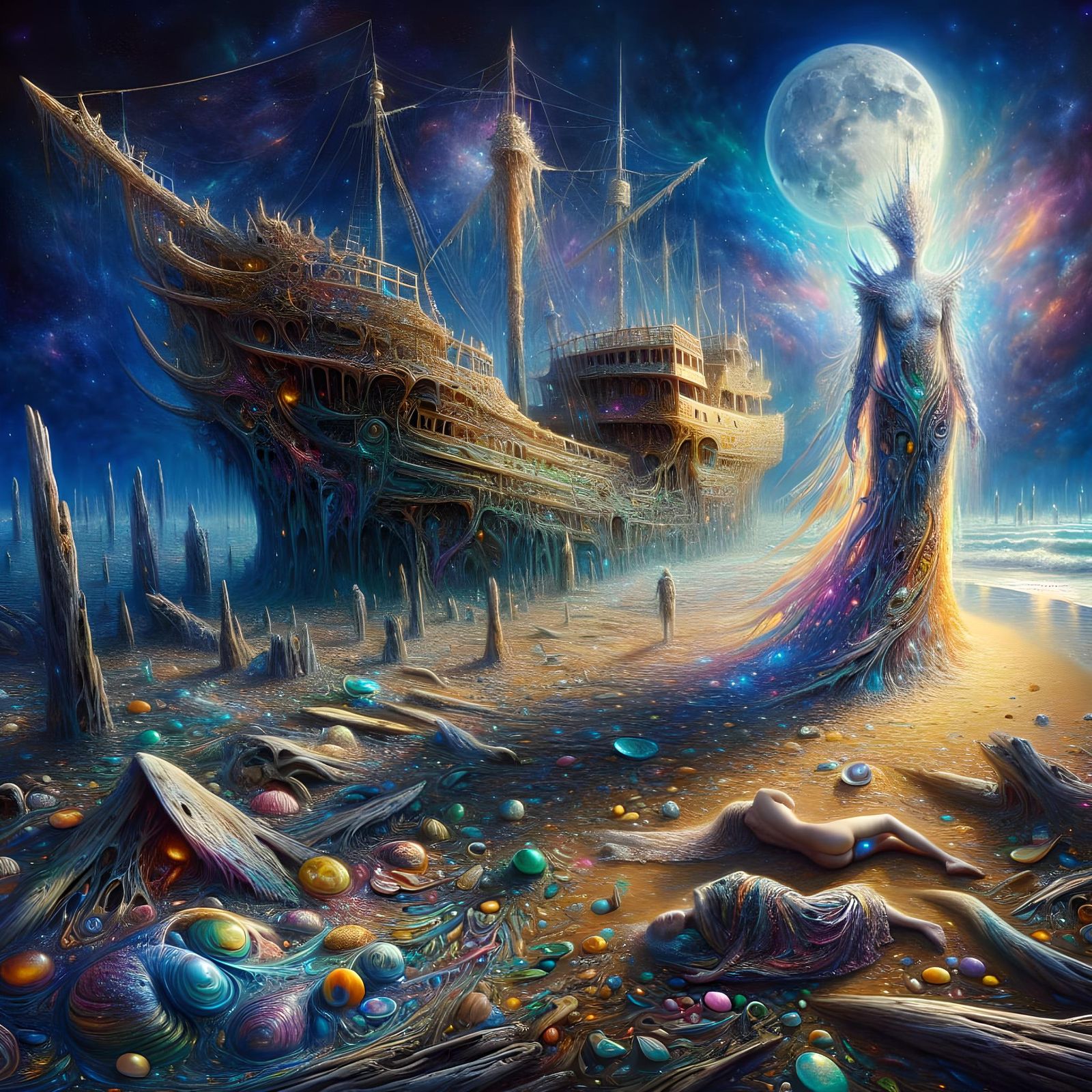 Surreal Beach Scene with Ethereal Figure, Oil Painting