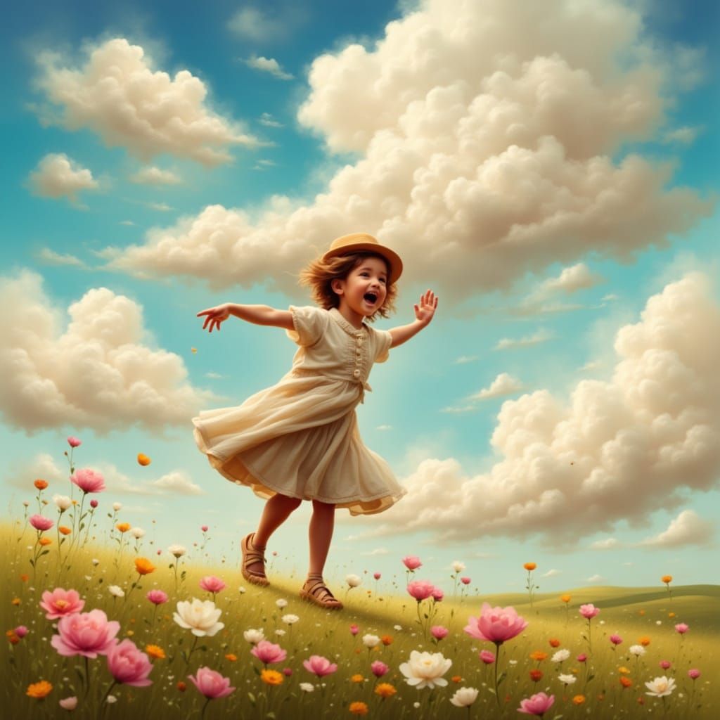<lora:Azura:0.8> dancing toddler by Albena Vatcheva and Ali Cavanaugh merging with detailed summerfield clouds