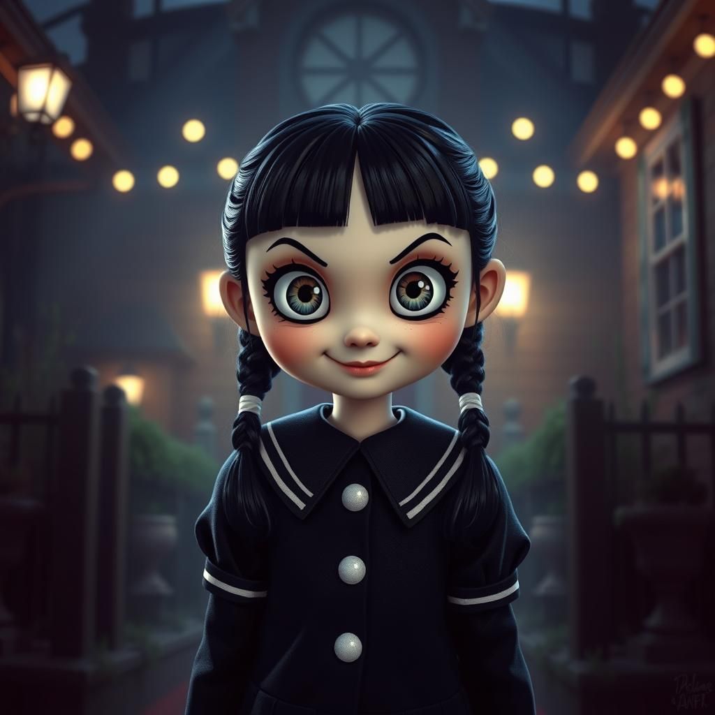 view of a cute mini Wednesday Addams, cute, cute, cute, cute eyes, cute