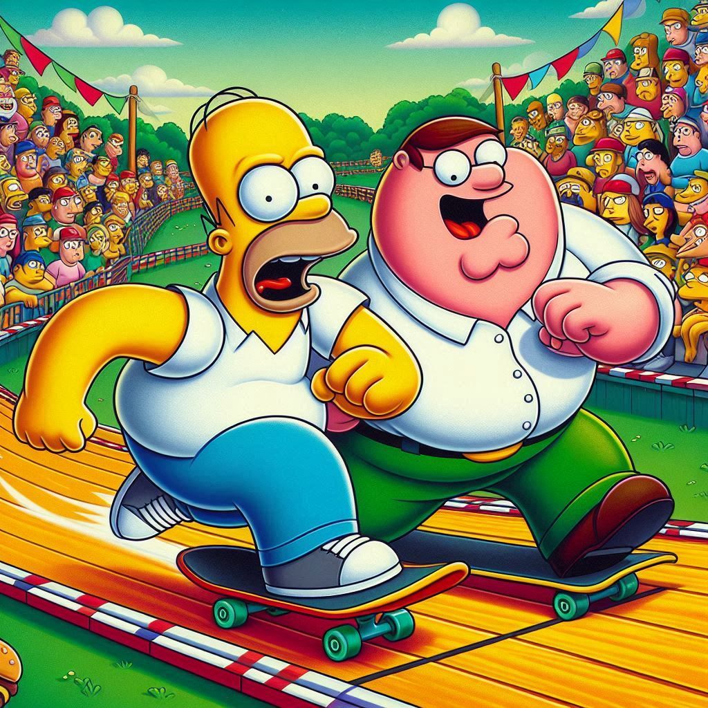 Homer Simpson and Peter Griffin in a neck-to-neck skateboarding race