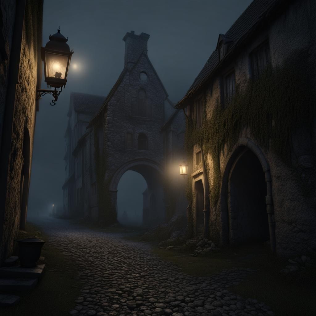 haunted countryside village, stone archway, deeply foggy misty night ...