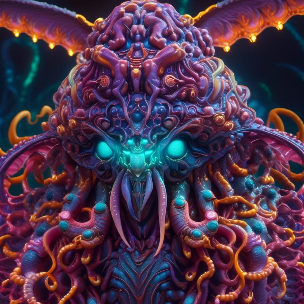 Cthulhu Mythos 🌩️ Pixar ⚡Ultra realism , Rough Neon, bioluminescent,Lovecraftian Reality , trending on artstation ,fantasy art,Rendered in...
