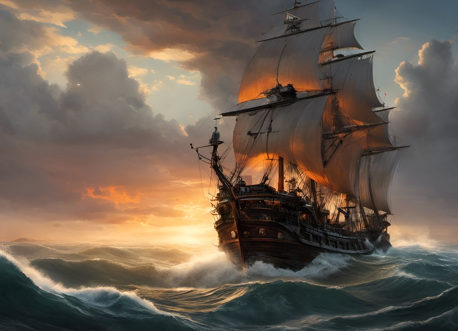 Pirate ship at sunset - AI Generated Artwork - NightCafe Creator