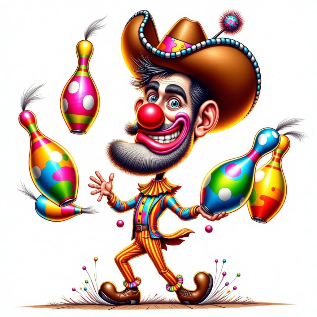 <lora:Colorful Caricature:1.0> Caricature portrait of a cowboy clown juggling bowling pins, bold carnival style, colorful markers, exaggerat...