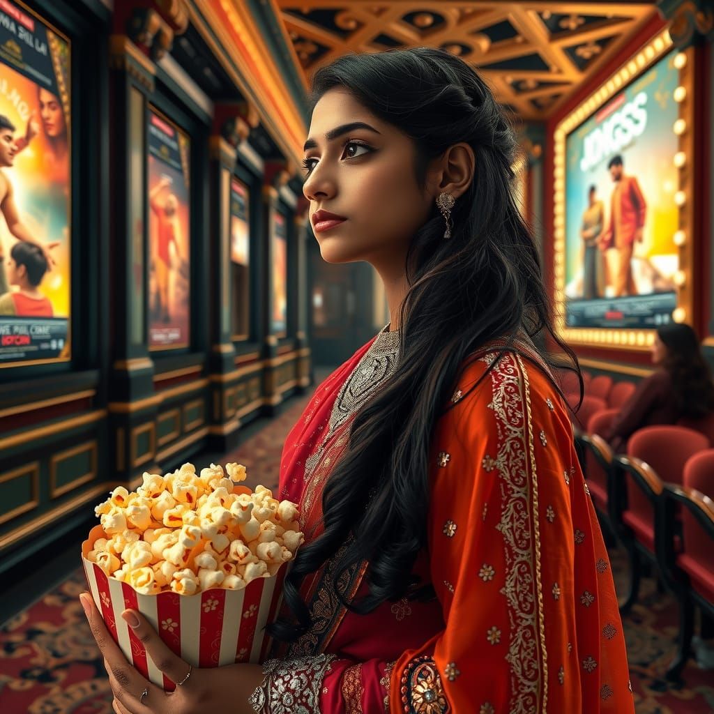 Indian Teenager Waits at Grand Movie Theater in Traditional ...
