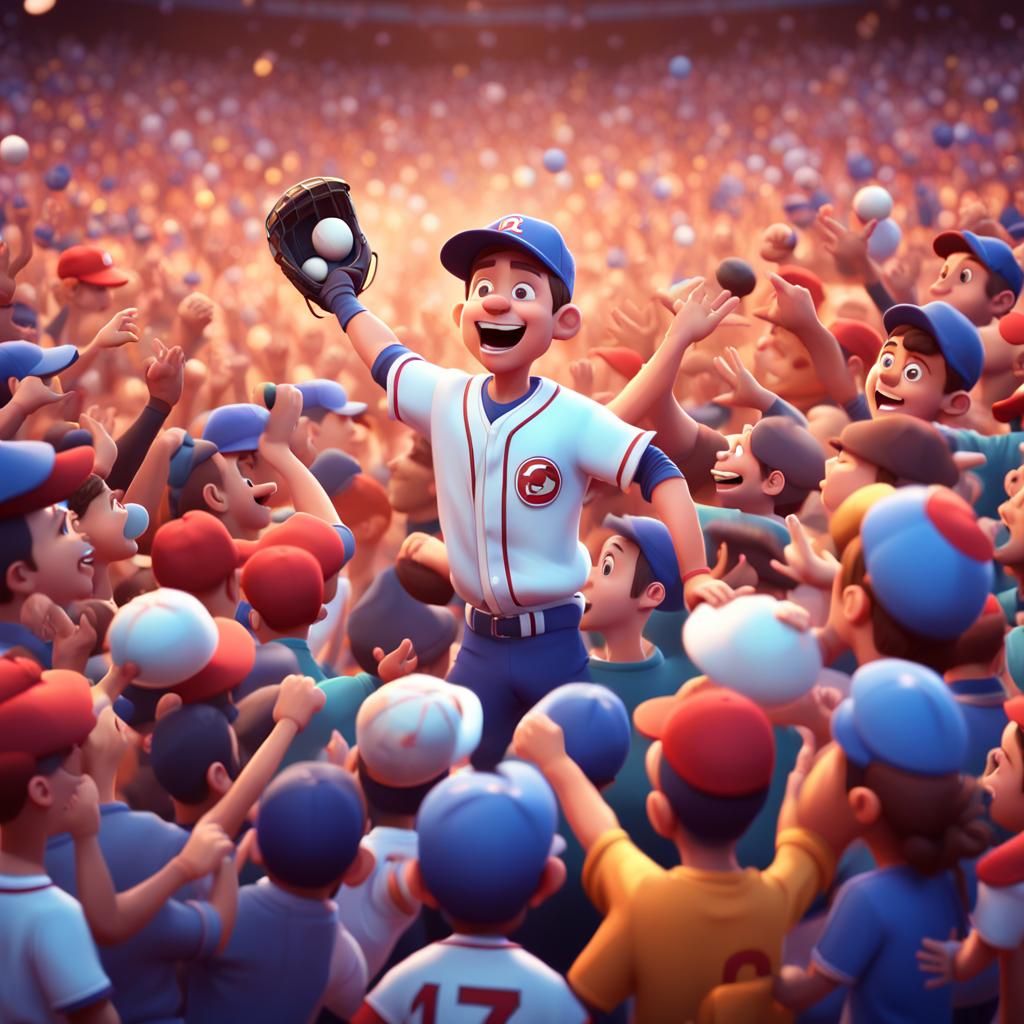 Cartoon baseball player with other players trying to catch a...