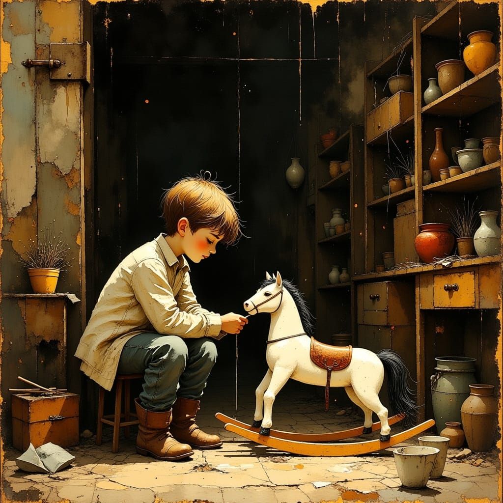 <lora:divineOil:1.0> <lora:Akimora:1.0> <lora:Ink Poet:1.0> A little Italian boy sits in his New York basement carving a little wooden rocki...