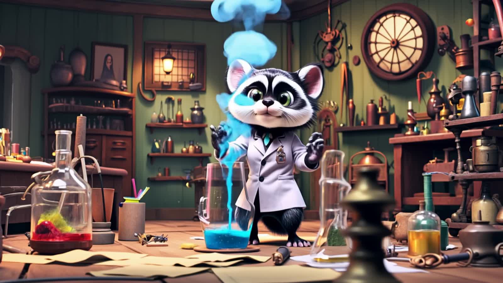 A mischievous raccoon wearing a tiny lab coat conducts a bizarre experiment in a cluttered, steampunk-inspired laborator...
