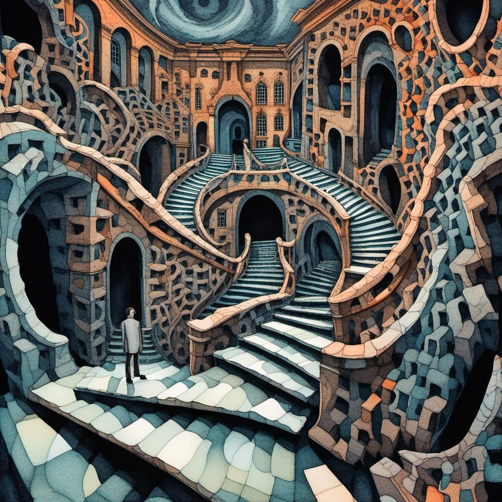 in deep complementary colors. Nightmare horror ink watercolor art scape. Medium shot. A twisted figure floating in a void of endless stairca...