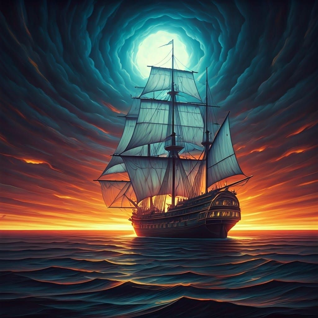 Smoky Ship Sails on Fire Sea as Digital Art