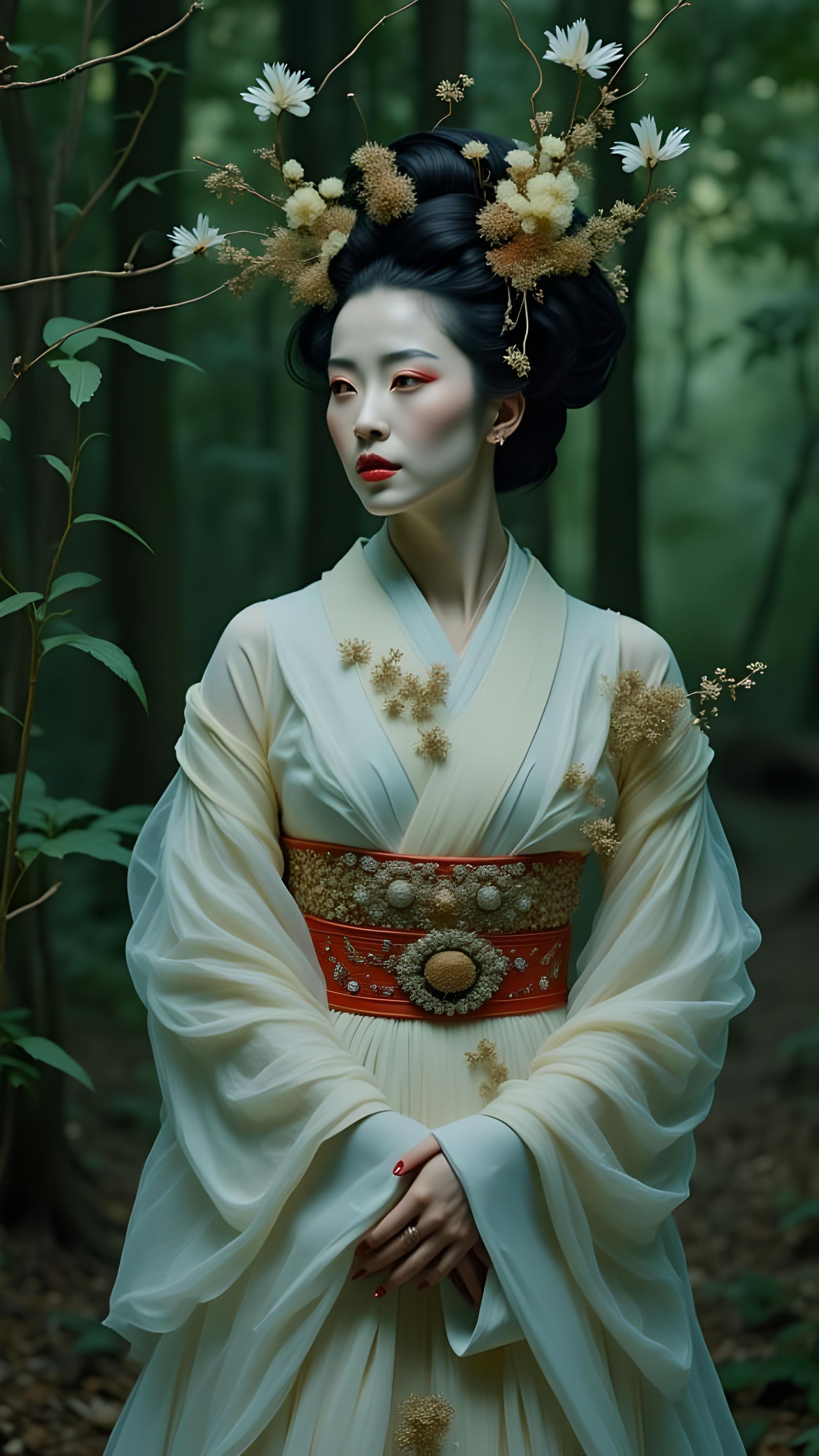 <lora:Sackbut Official:1.0> Japanese Maiko in Forest etherea...