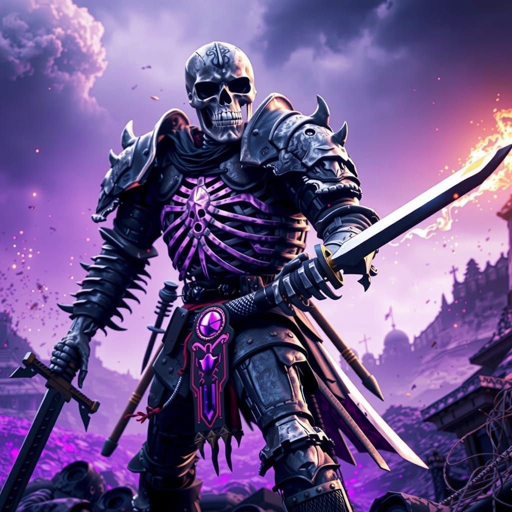 A dark fantasy skeleton knight with rusty armor and partly broken with a old sharp sword with black and purple glowing mist surrounding it