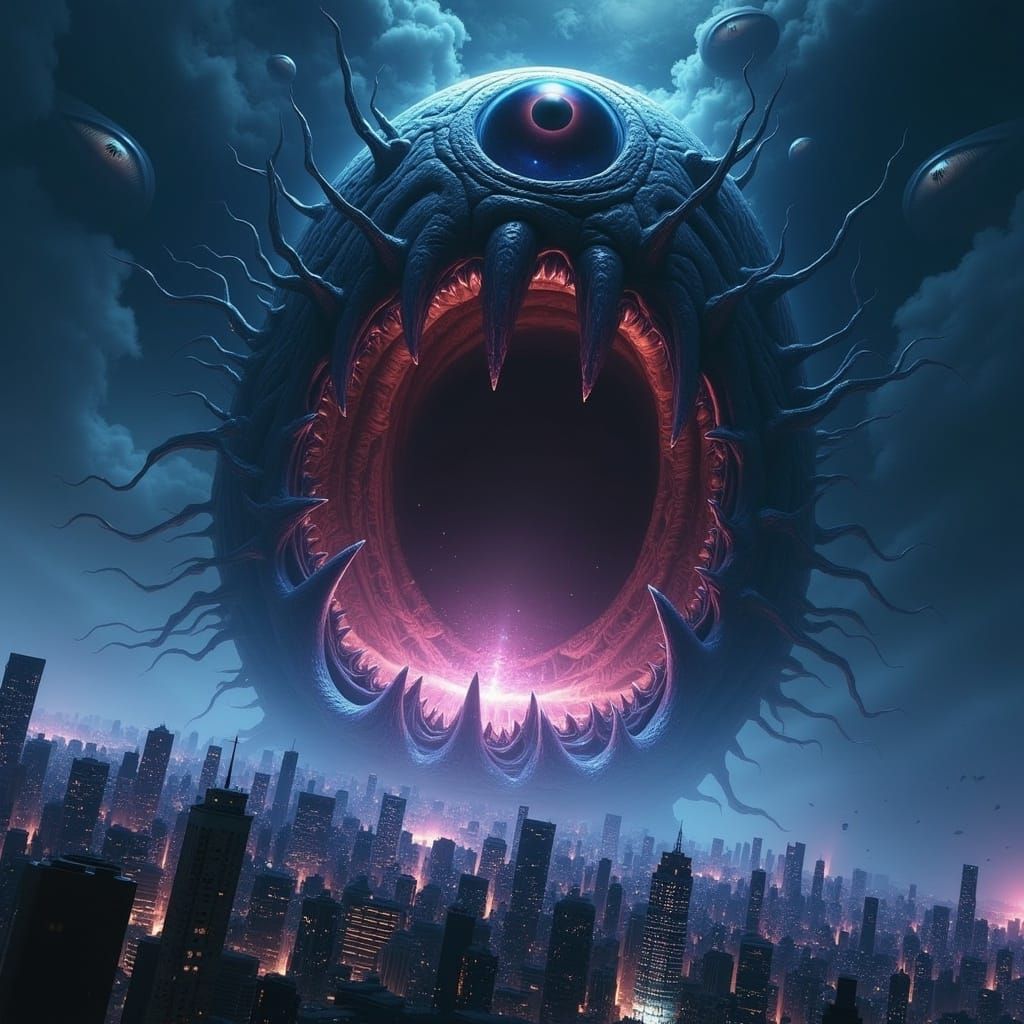 <lora:Divine Threat:1.0> The cosmic mouth swallows the metropolis