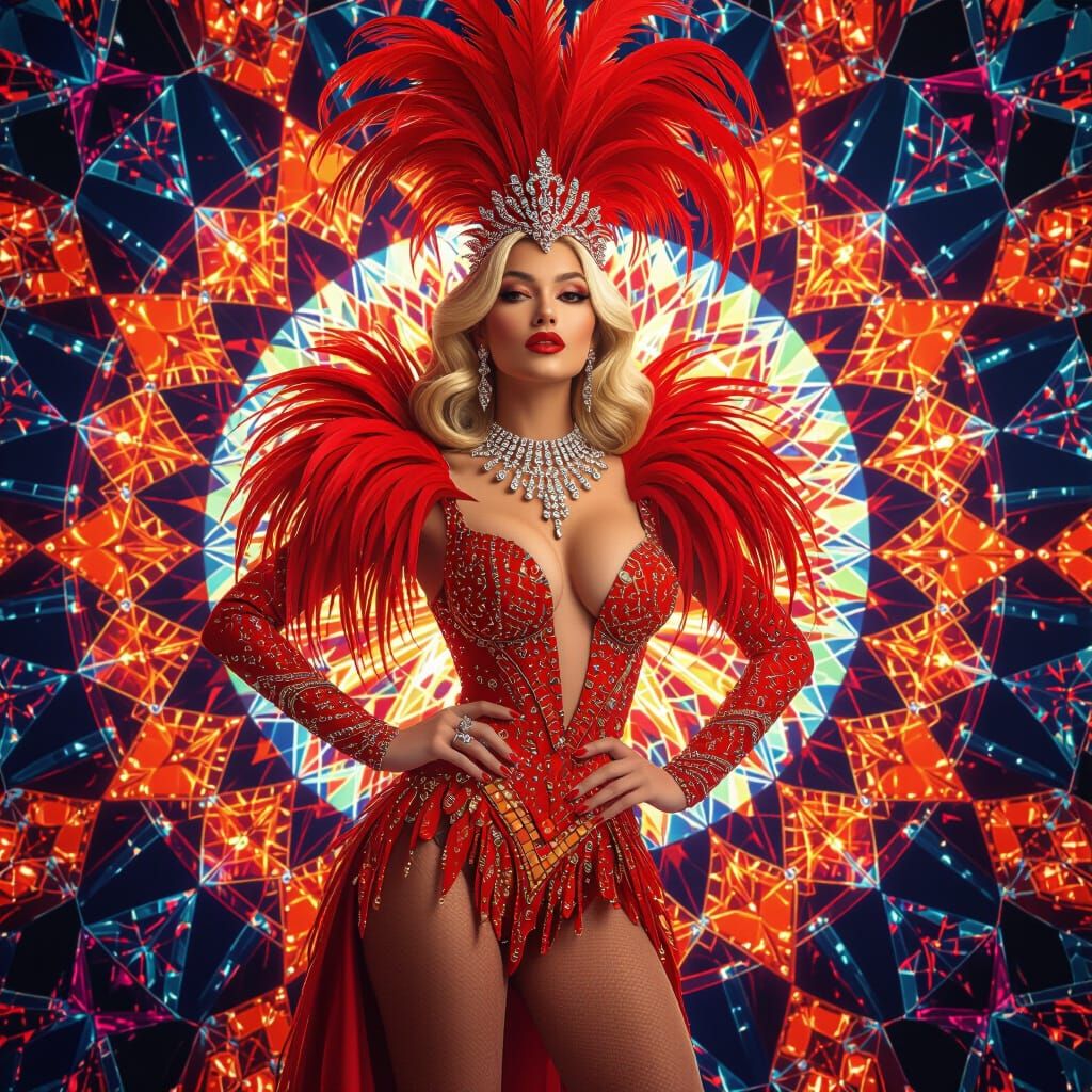 create a CGI showgirl  in full body pose, adorned with feathers and intricate sequins and rhinestones ...  by @Globetrotter2