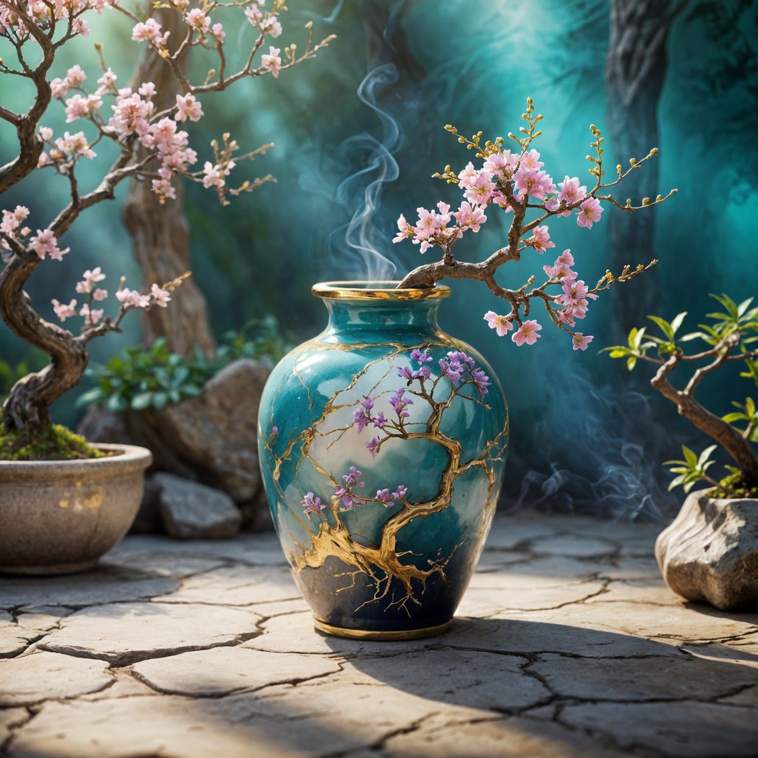 Prompt: A breathtaking artistic composition. A pure matte white ceramic vase sitting on a smooth polished stone surface, featuring visible c...