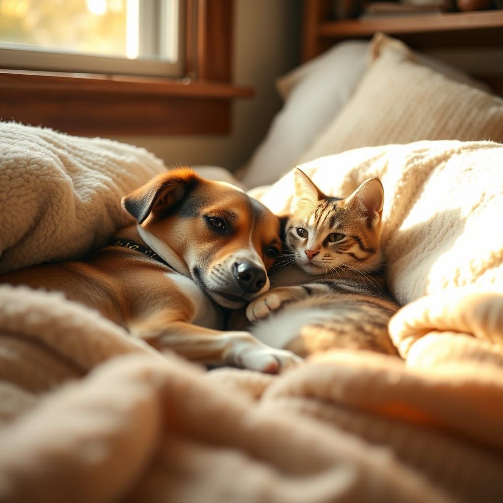 Cozy Canine Feline Duo in Warm Sunlit Haven