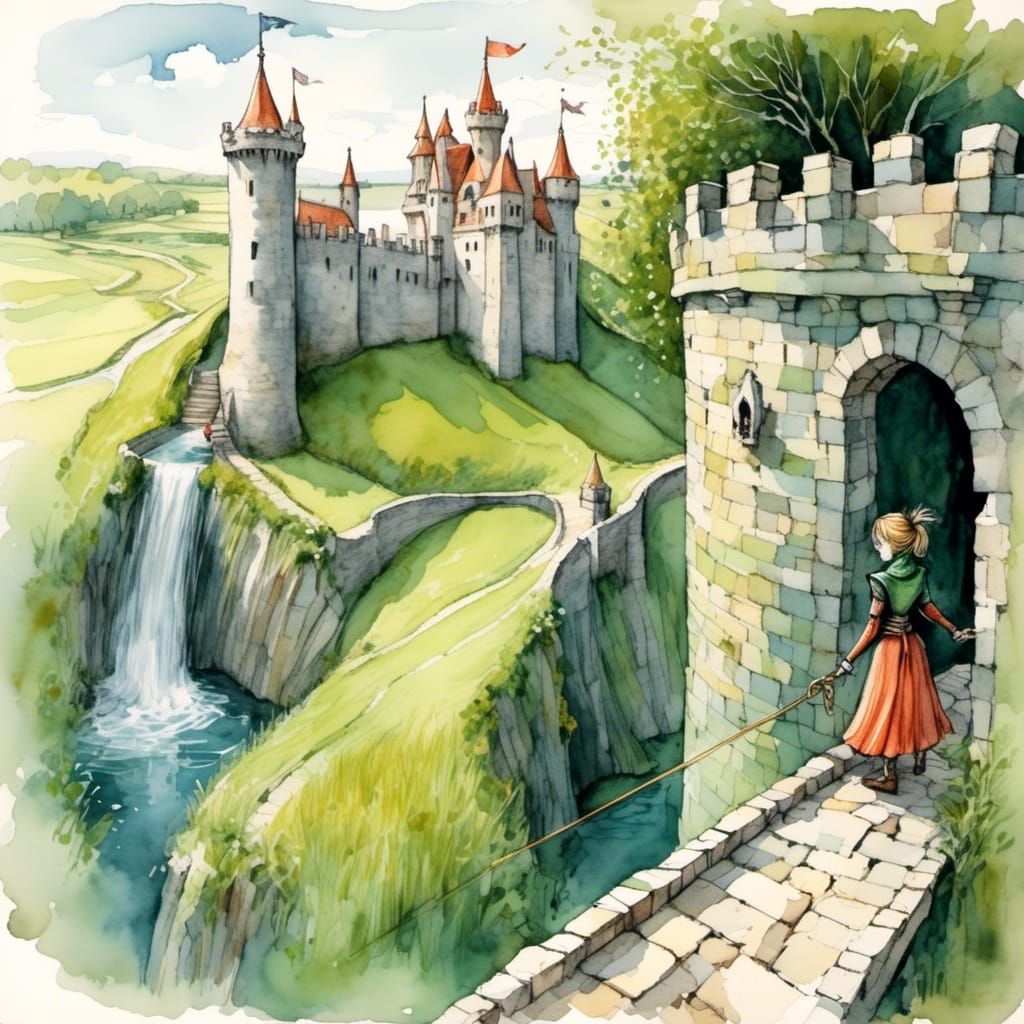<lora:Story Book:1.0> illustration of a princess on top of a castle wall lowering a rope down to a knight come to rescue her, moat, green g...