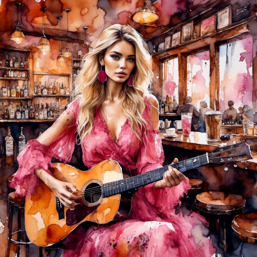 <lora:Watercolor Art:1.0> stunning woman, in a bar, playing 