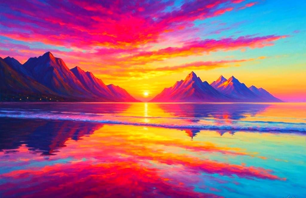 Vibrant Sunset Seascape in Dreamy Anime Style