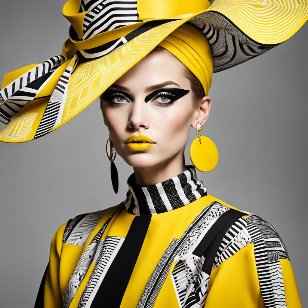 portrait of a woman with striking, bold makeup and attire.