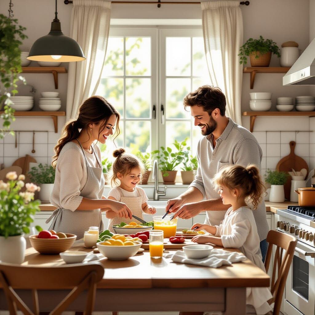Create a calming, cozy kitchen filled with soft natural light and warm neutral tones. Show a happy family ...  by @doljeonggie04