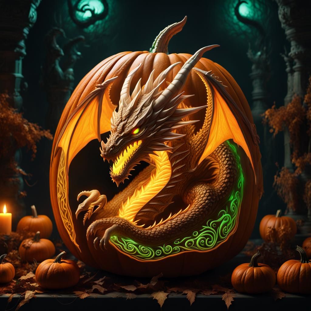 Detailed pumpkin carving of a dragon with green light.