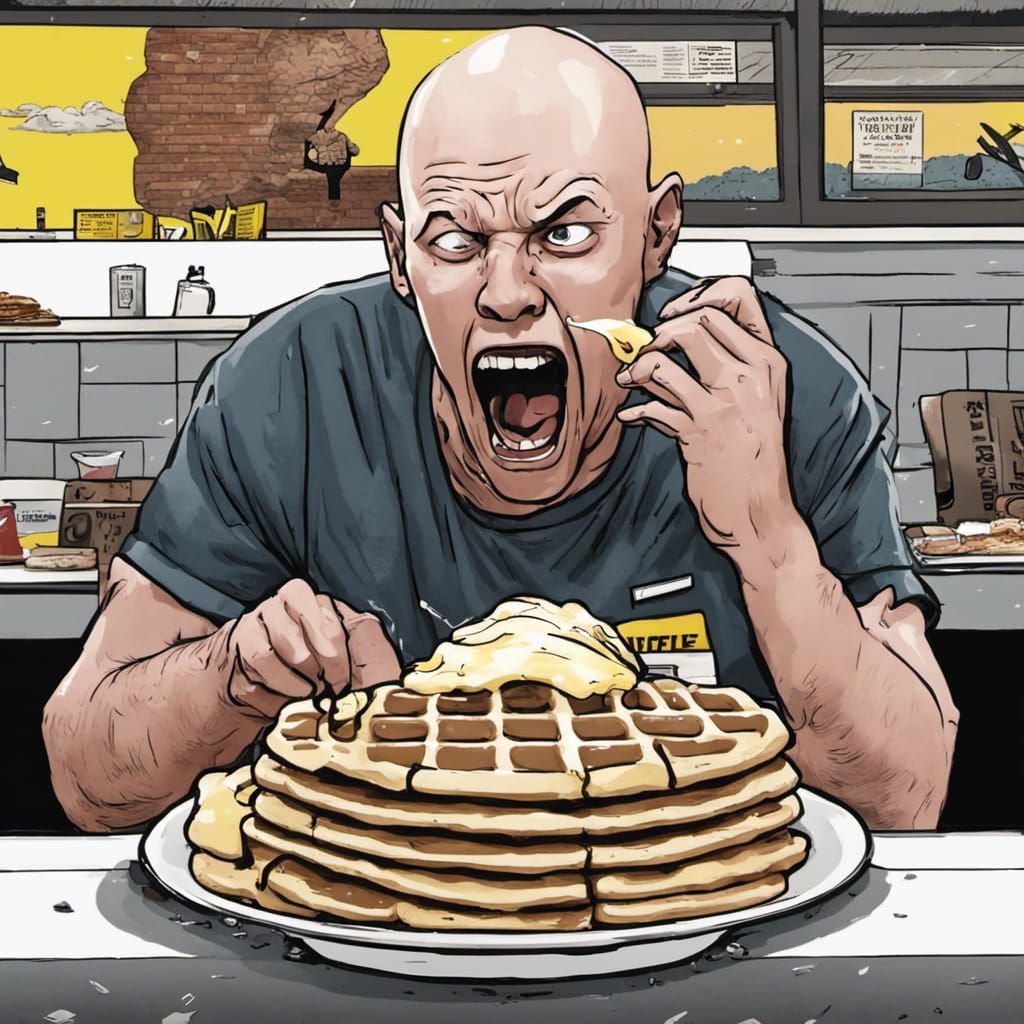 Screaming Bald Man named Gary eating at Waffle House during a Hurricane -  AI Generated Artwork - NightCafe Creator