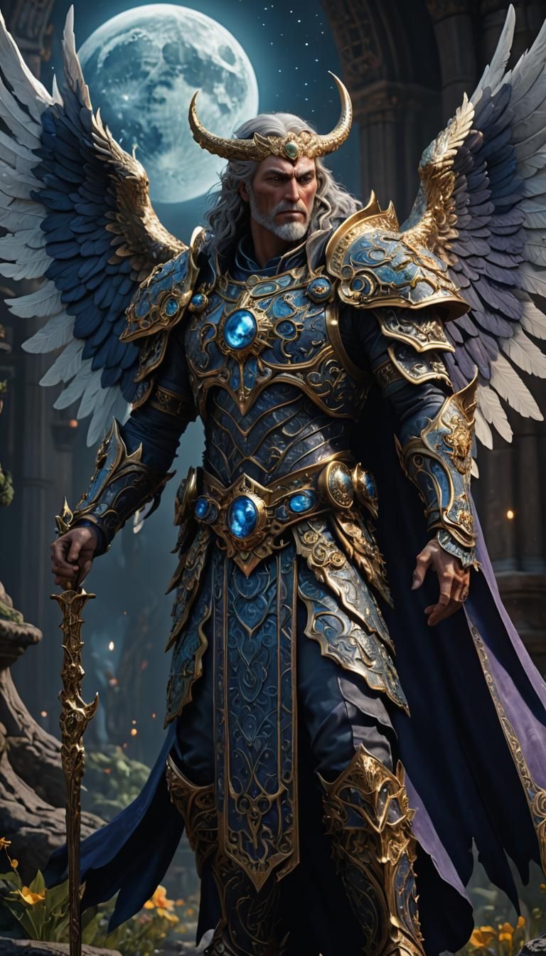 Sathariel, 17th of the Watchers, Moon of God, Male Angel of Deception,deep color, fantastical, intricate detail, complementary colors, fanta...