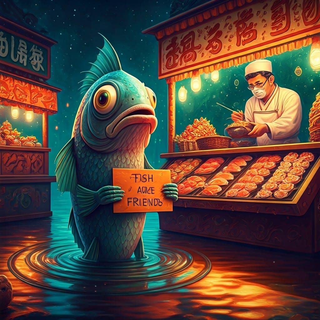 A concerned Charlie searches the fish market for his missing...