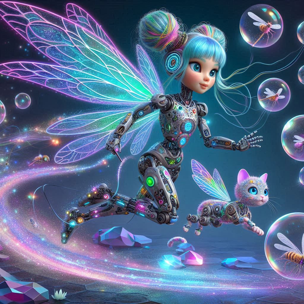 Robo-fairy & cyber-kitty running through a crystal cave