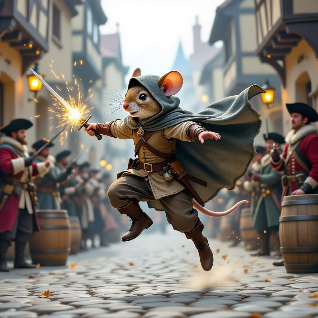 Epic, highly dynamic action scene of Finn, the anthropomorphic forest mouse wanderer in his worn clothes, tall boots, and hooded gray cloak,...