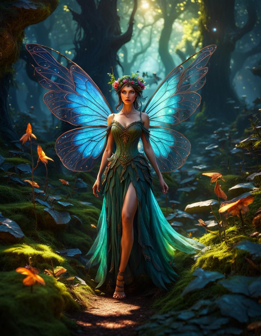 A beautiful fairy in the enchanted forest, vivid colors, bold shadows ...