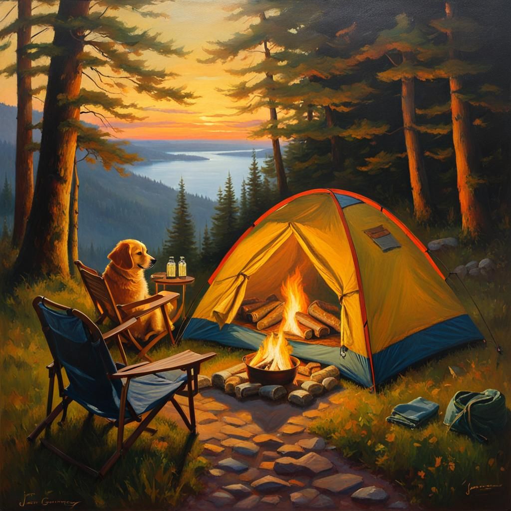 The perfect camping setup with a tent, sleeping bags, foldin...