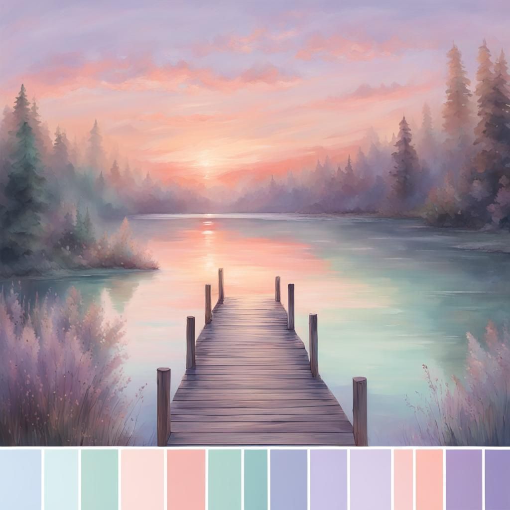 "Create a soothing pastel color palette inspired by a tranquil sunset over a serene lake. Incorporate ...  by @Rony