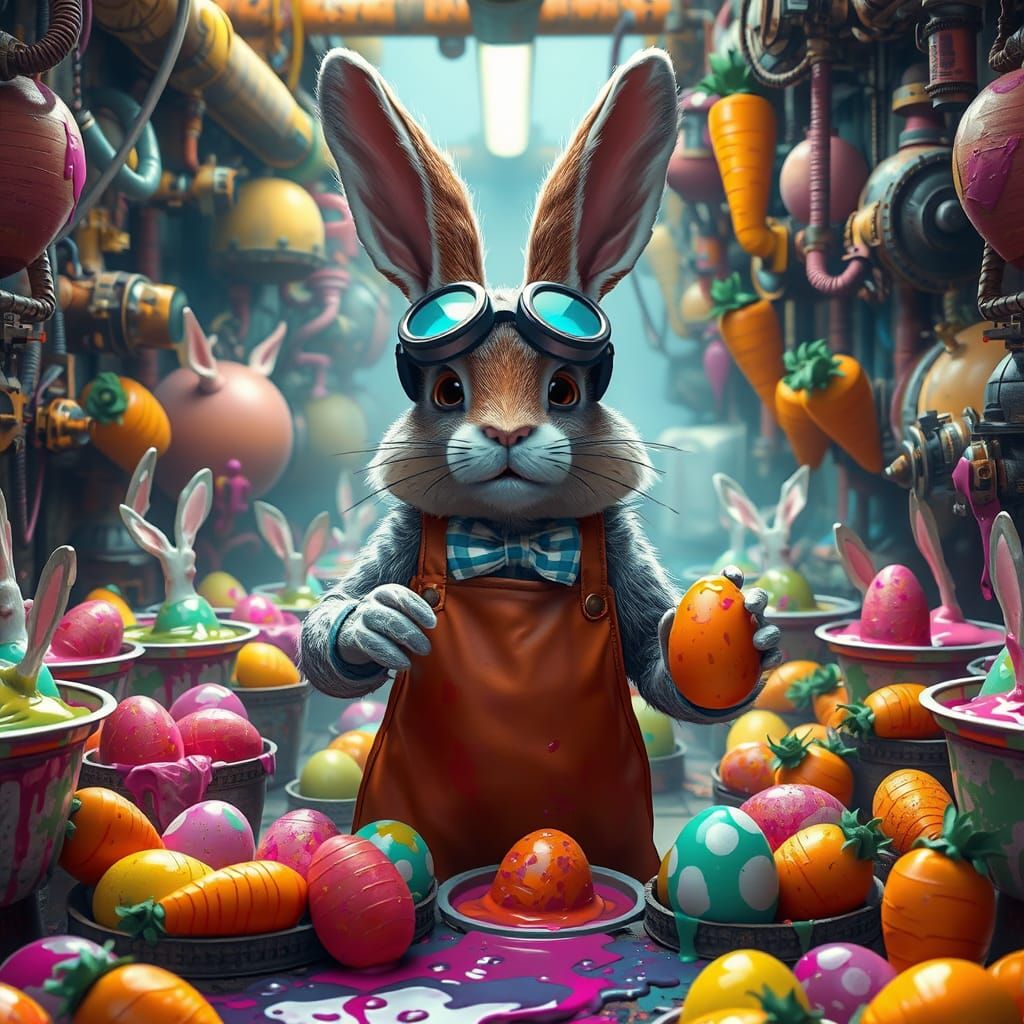 Imagine a whimsical Easter Bunny, not hiding eggs, but painting them in a vibrant, chaotic factory filled ...  by @Jemina