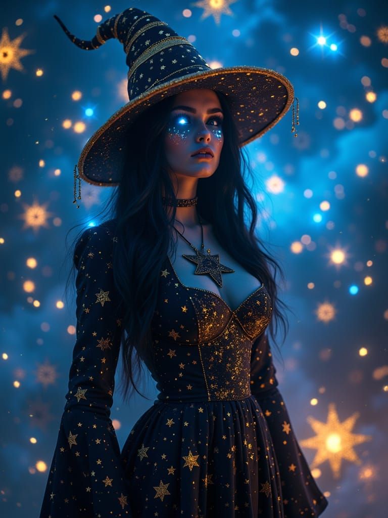 diorama style fantasy octane render of a mystical dark circus fortune teller. golden Glowing stars <lora:Starboi:0.5> adorn her clothing and...