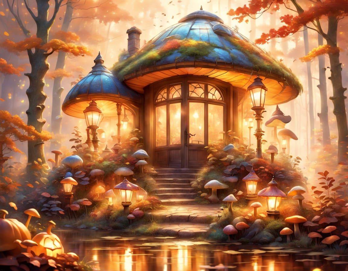 Maison-champignon entourée de jolies fleurs colorées 