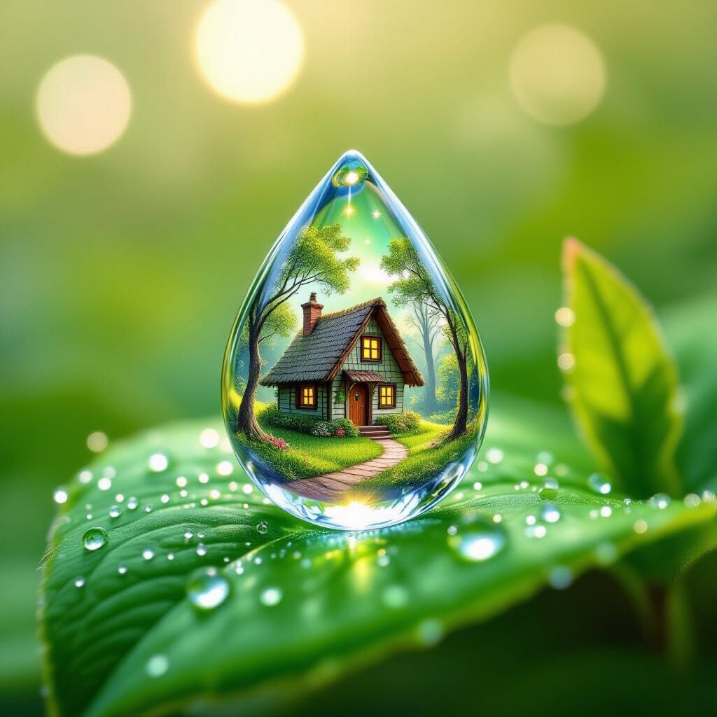 Magical World Inside Dewdrop on Leaf