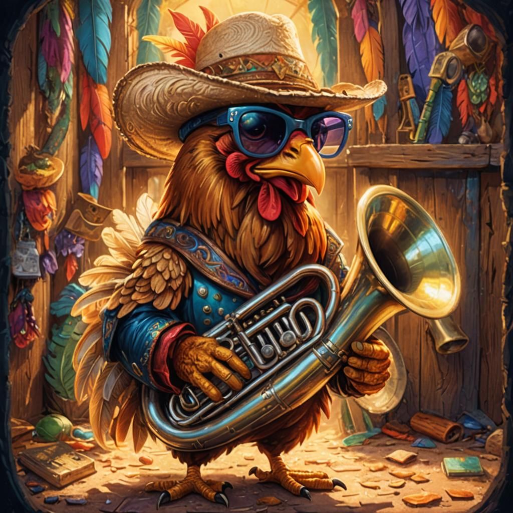 PIXAR STYLE CHICKEN PLAYING THE TUBA WEARING A WESTERN HAT AND SUNGLASSES