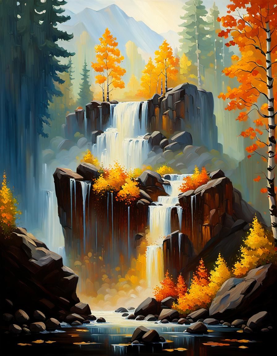 Bob Ross, waterfall over rocks in a beautiful vibrant aspen ...