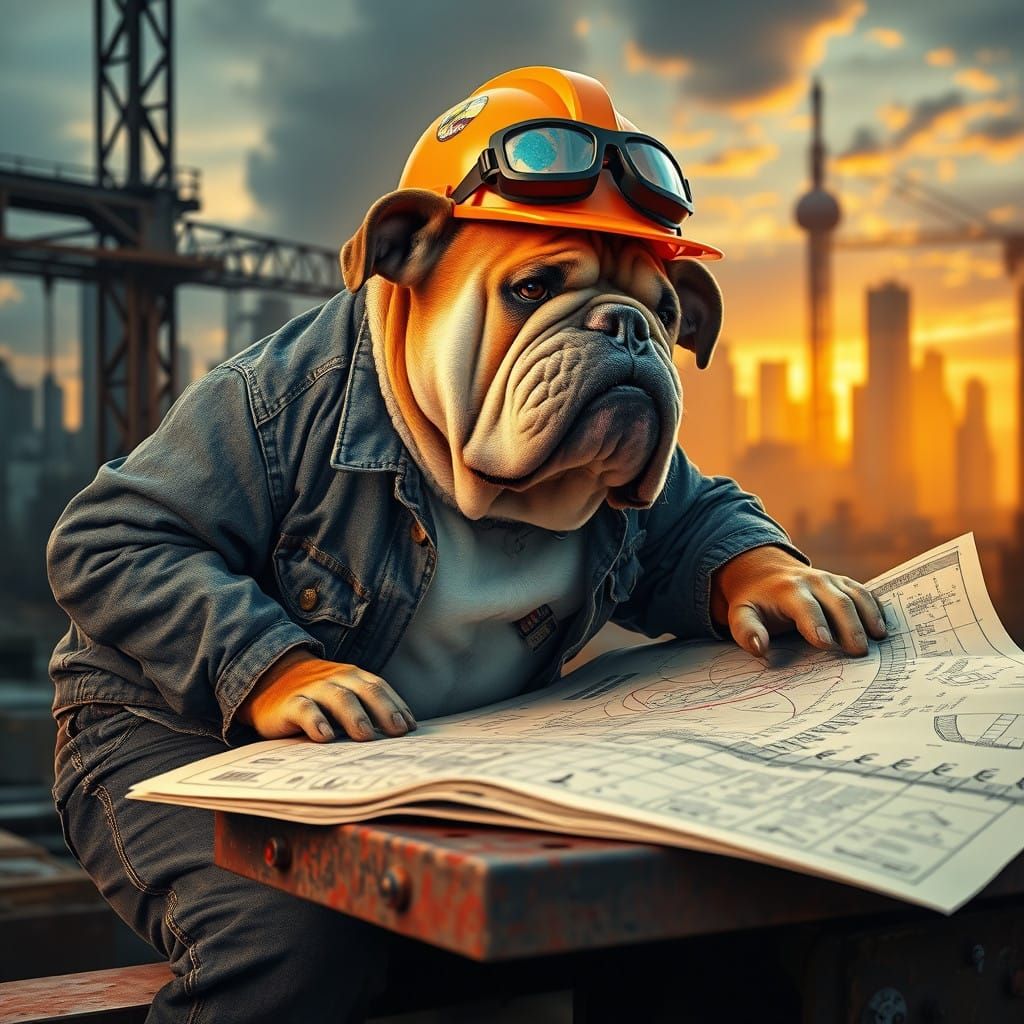 A bulldog construction worker, complete with a hard hat and blueprint.
  by @Barabashka