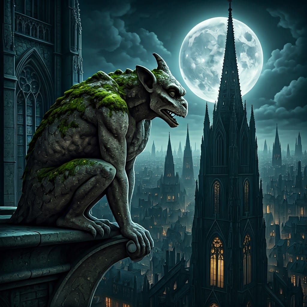 A gargoyle perched atop a gothic cathedral  by @Nairy
