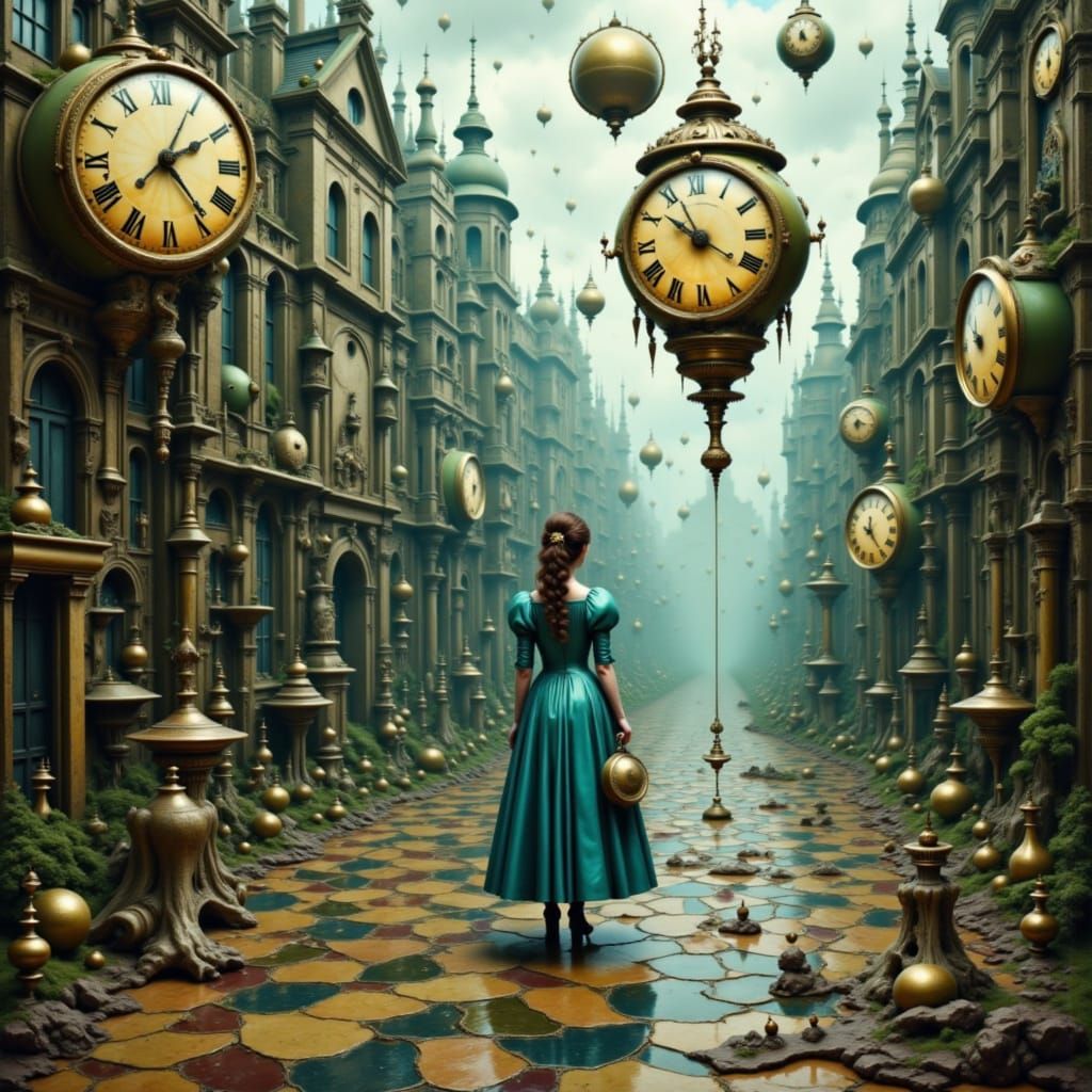 <lora:Surreal scenes:1.0> All time is soon , melted clocks, Victorian London, Charles Dickins
