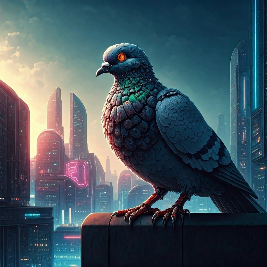 An android AI "rock dove" on a city roof   by @axelb